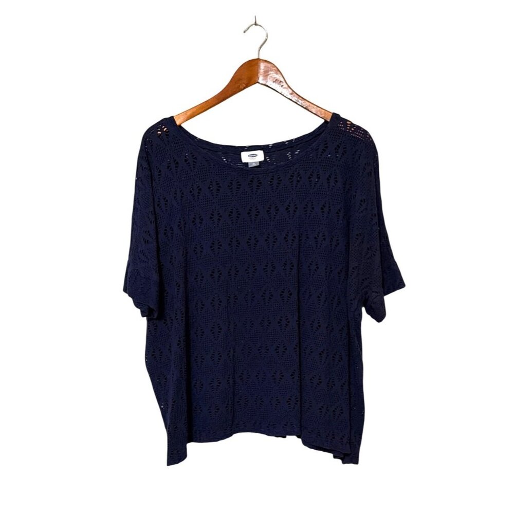 Old Navy Womens Navy Blue Crochet Knit Top XL Loose Fit Lightweight Festival